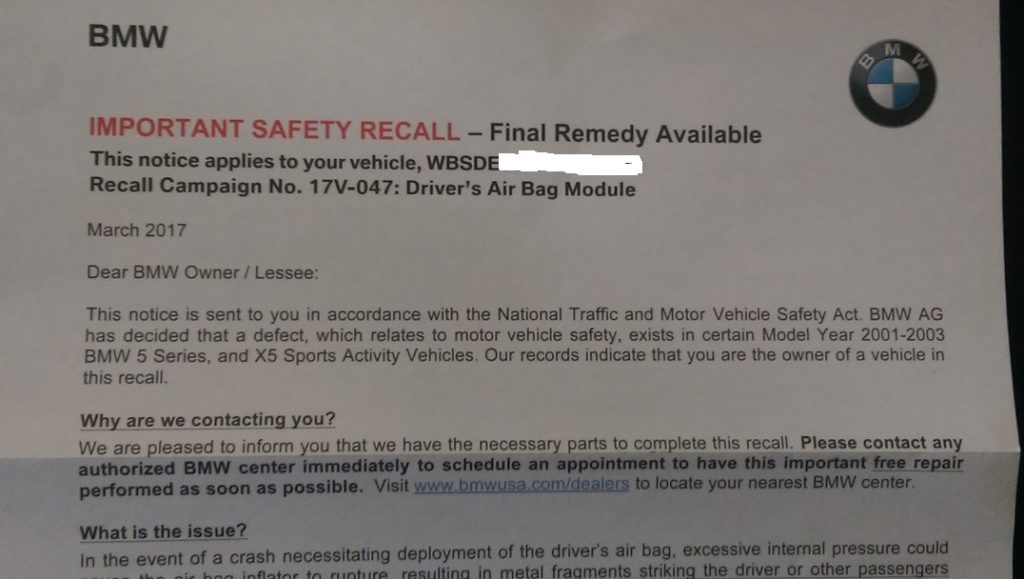 Here We Go Again -- BMW Airbag Recall